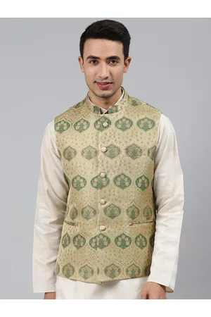 MANQ Men Green Woven Jaquard Silk Nehru Jacket