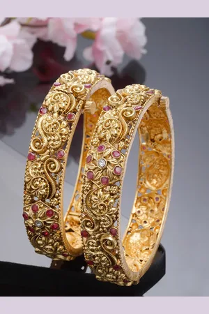 karatcart Set Of 2 Gold-Plated & Red Stone-Studded Rajwadi Temple Bangles