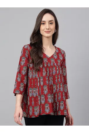 Janasya Women Maroon Cotton Floral Block Print Flared Top