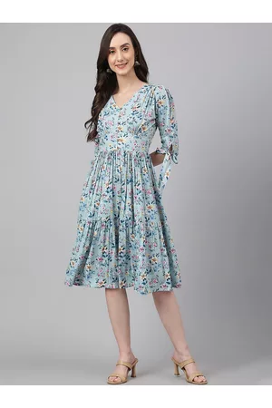 Janasya Floral Printed Flared Dress