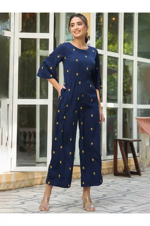 Juniper Women Navy Blue & Mustard Yellow Pineapple Embroidered Basic Jumpsuit