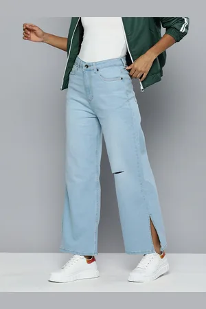 Flying Machine Women Wide Leg High-Rise Slash Knee Heavy Fade Stretchable Jeans