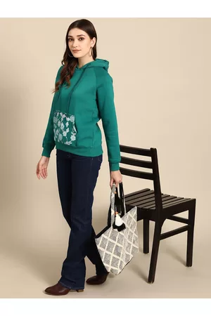 Sangria Women Green Printed Raglan Sleeves Hooded Sweatshirt