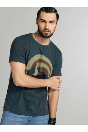 Roadster Time Travlr Men Teal Blue Printed Cotton Pure Cotton T-shirt