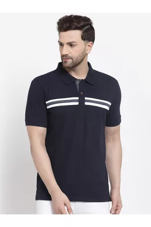 Kalt Men Navy Blue & White Striped Polo Collar T-shirt
