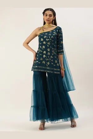 Ethnovog Women Made To Measure Embroidered Sequinned Kurti with Sharara Dupatta