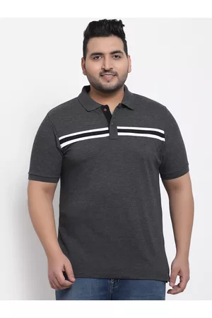 Kalt Men Plus Size Grey Melange & White Striped Polo Collar T-shirt