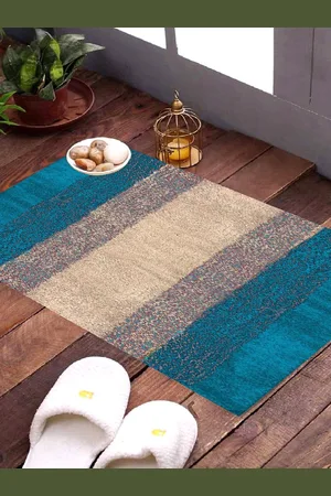 Kuber Industries Set Of 3 Blue & Beige Cotton Anti Slip Door Mat