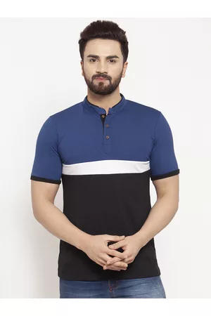 Kalt Men Blue & Black Colourblocked Mandarin Collar T-shirt