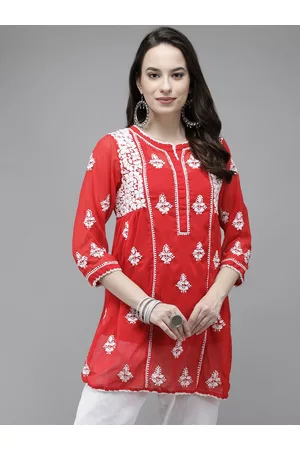 ADAM Co. Red Ethnic Motifs Woven Design Pure Georgette Chikankari Handloom Kurti with Matching Slip