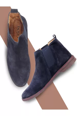 FAUSTO Men Navy Blue Suede Flat Boots