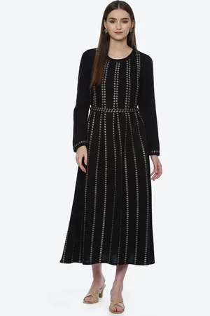 Rangriti Women Black Embellished Cotton Midi Dress