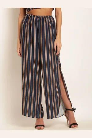 Rare Fashion Women Blue & Orange Original Regular Fit Striped Parallel Trousers
