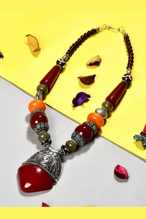 Bamboo Tree Jewels Red & Silver-Toned Afghan Necklace
