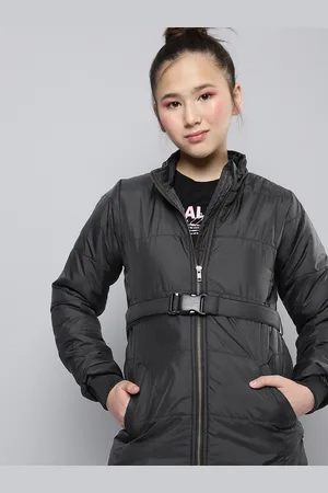 M&H Girls Black Solid Padded Jacket with Belt