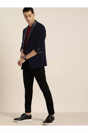 Invictus Men Navy Blue Solid Velvet Finish Single Breasted Slim Fit Blazer