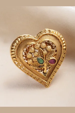 PANASH Women Gold-Plated Red & Green Stone Heart Shaped Finger Ring