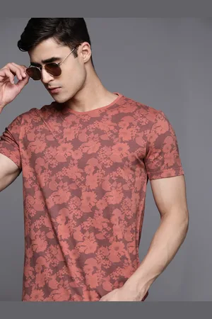 Louis Philippe Men Rust Orange & Grey Printed Pure Cotton Slim Fit T-shirt