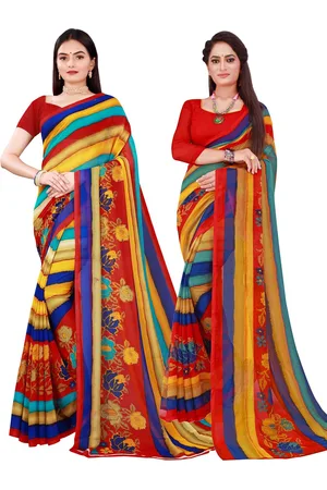 Kalini Red & Blue Striped Printed Pure Georgette Saree Pack Of 2
