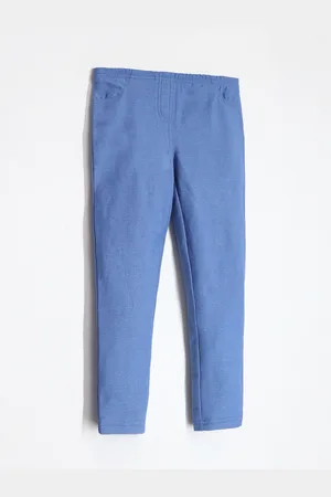Cherry Crumble Girls Blue Solid Cotton Slim Fit Jeggings
