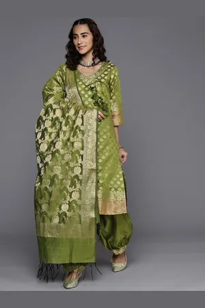 Chhabra 555 Green & Gold-Toned Banarasi Weaving Unstitched Dress Material