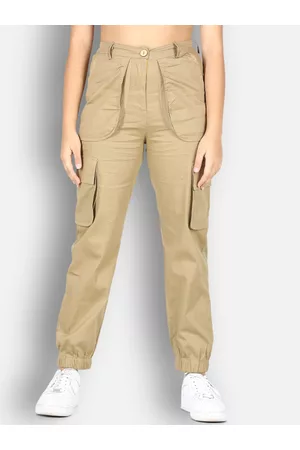 Cutiekins Girls Beige High-Rise Cargos Trouser