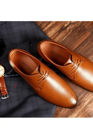 MUTAQINOTI Men Tan Brown Solid Synthetic Leather Formal Derbys