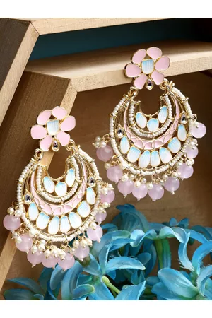 karatcart Women Pink Beads and Meena Gold Plated Contemporary Chandbalis Earrings