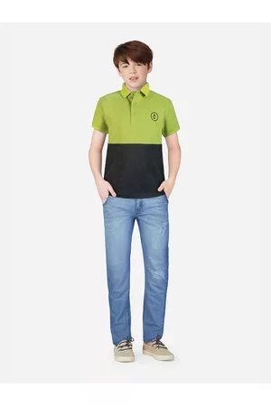 Gini and Jony Boys Green & Black Colourblocked Polo Collar Cotton T-shirt