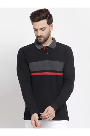 Kalt Men Black & Red Striped Polo Collar T-shirt