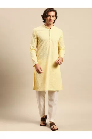 Anouk Men Ethnic Pyjamas - Men Yellow Ethnic Motifs Embroidered Pure Cotton Kurta with Pyjamas