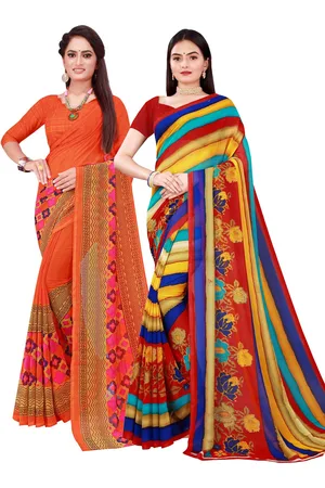 Florence Orange & Yellow Striped Printed Pure Georgette Saree Pack Of 2