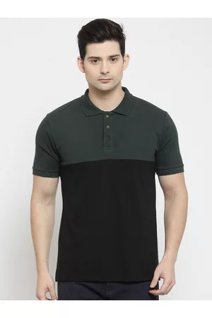 Kalt Men Black & Green Colourblocked Polo Collar T-shirt
