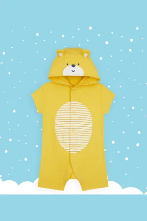 Mothercare Infant Boys Yellow & White Striped Pure Cotton Hooded Rompers