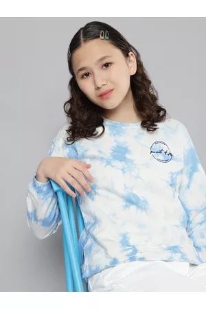 M&H Girls White & Blue Printed Pure Cotton Sweatshirt