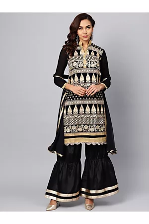 Chhabra 555 Black & Gold-Toned Poly Georgette Unstitched Dress Material