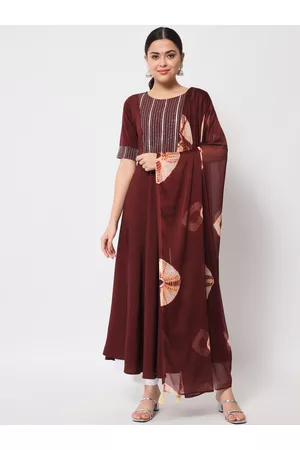 FIORRA Women Striped Yoke Design Thread Work Poly Crepe Kurta with Printed Dupatta