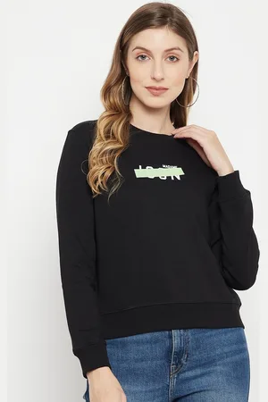 MADAME Women Black Solid Cotton Sweatshirt