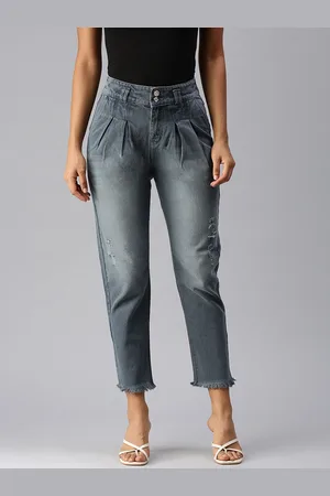 SHOWOFF Women Grey Straight Fit High-Rise Low Distress Heavy Fade Stretchable Jeans