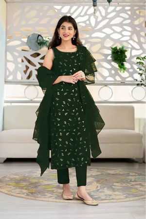 Ethnic Yard Green Embroidered Semi-Stitched Dress Material