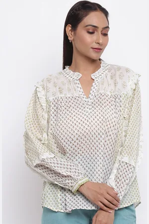 Fabindia Women White Cotton Blend Round Neck Floral Print Mandarin Collar Top