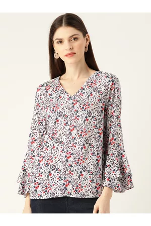 Invictus Women Off-White & Charcoal Grey Floral Printed Bell Sleeves Top