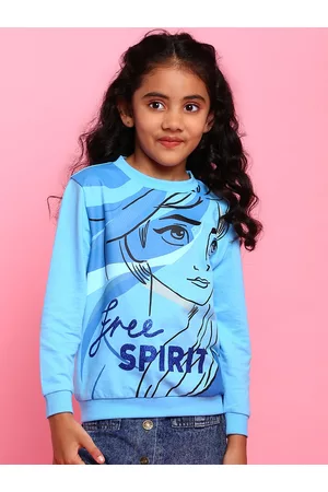 BONKIDS Girls Blue Printed Elsa Cotton Sweatshirt