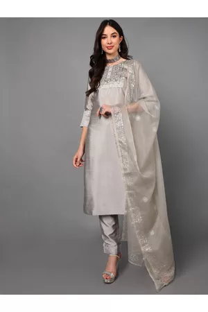 Ahika Women Grey Kurta with Trousers & With Dupatta