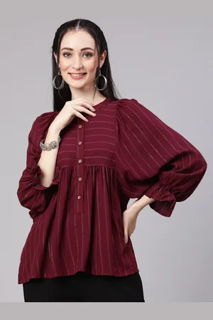 Jaipur Women Mandarin Collar Gathered Top With Elasticated Gathered Sleeves Co-Ords