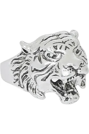 OOMPH Men Silver-Toned Stainless Steel Vintage Tiger Biker Ring