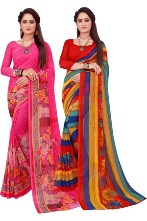 Kalini Red & Pink Striped Printed Pure Georgette Saree Pack Of 2