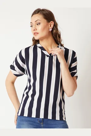 Miss Chase Women Navy Blue Striped Top