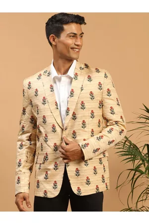 Vastramay Men Beige & Red Floral Printed Single-Breasted Blazer