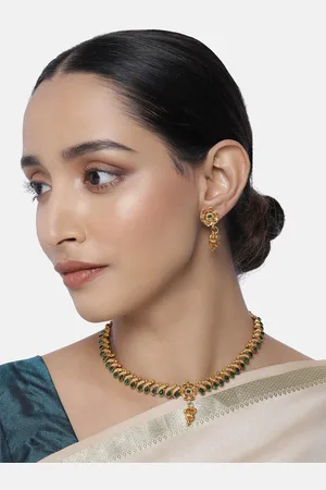Peora Gold-Plated Green Studded Temple Jewellery Set